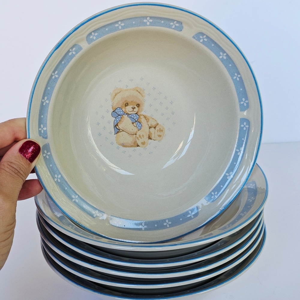 Vintage Tienshan Stoneware Teddy Bear Cereal Bowls Set of 6 Blue Nursery Kitsch - Picture 13 of 15